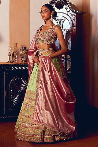 Light Green Jacquard Silk Banarasi Dabka Embroidered Kalidar Lehenga Set by Aditi Gupta