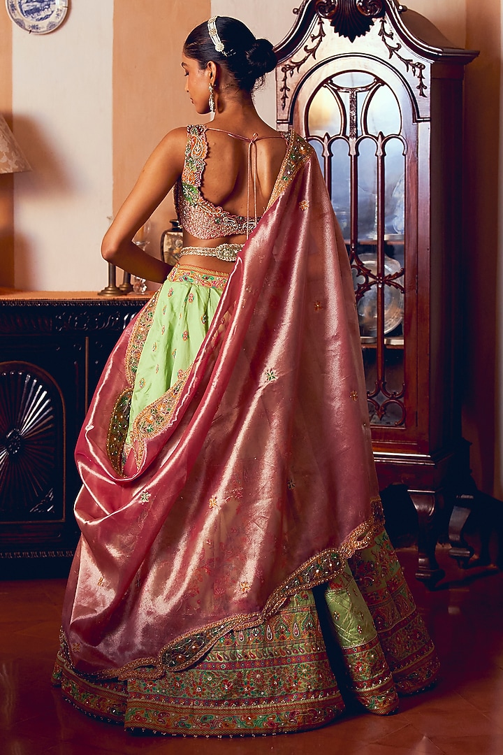 Light Green Jacquard Silk Banarasi Dabka Embroidered Kalidar Bridal Lehenga Set by Aditi Gupta at Pernia's Pop Up Shop