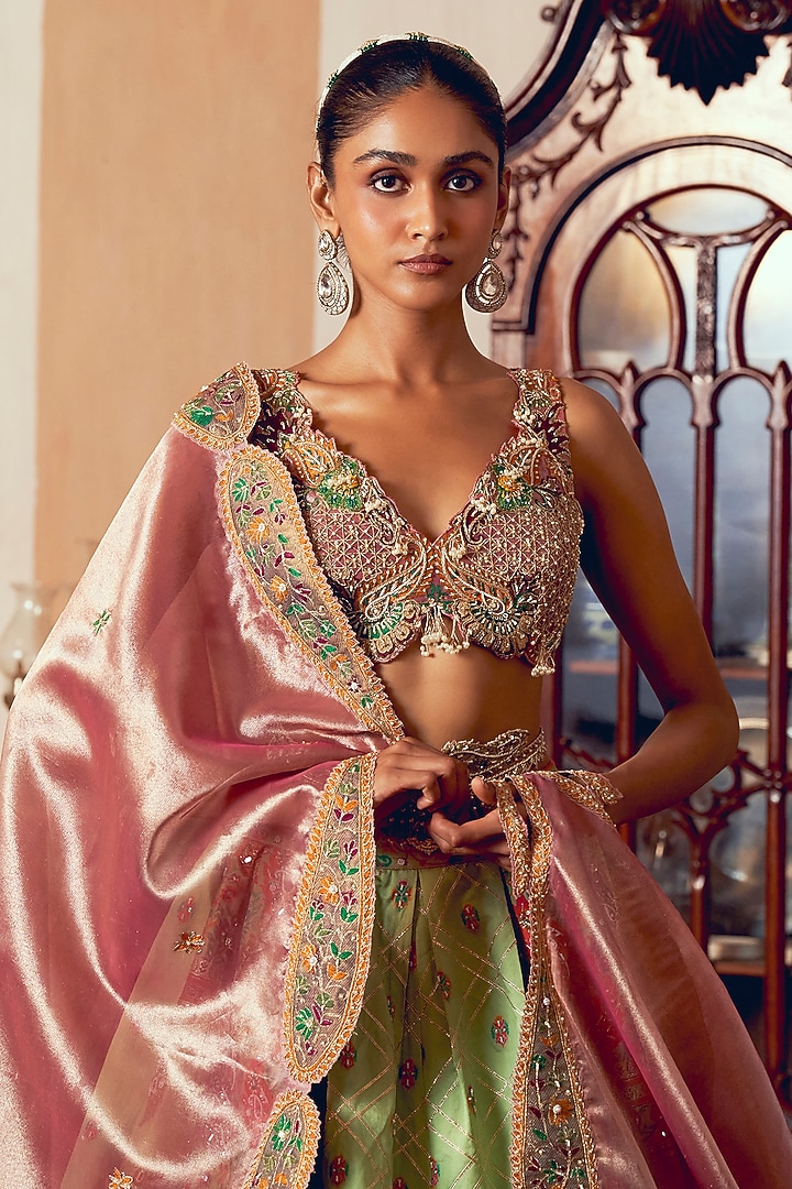 Light Green Jacquard Silk Banarasi Dabka Embroidered Kalidar Bridal Lehenga Set by Aditi Gupta at Pernia's Pop Up Shop