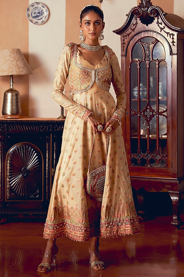 Pastel Yellow Jacquard Silk Banarasi Pearl Embroidered Anarkali Set by Aditi Gupta at Pernia's Pop Up Shop