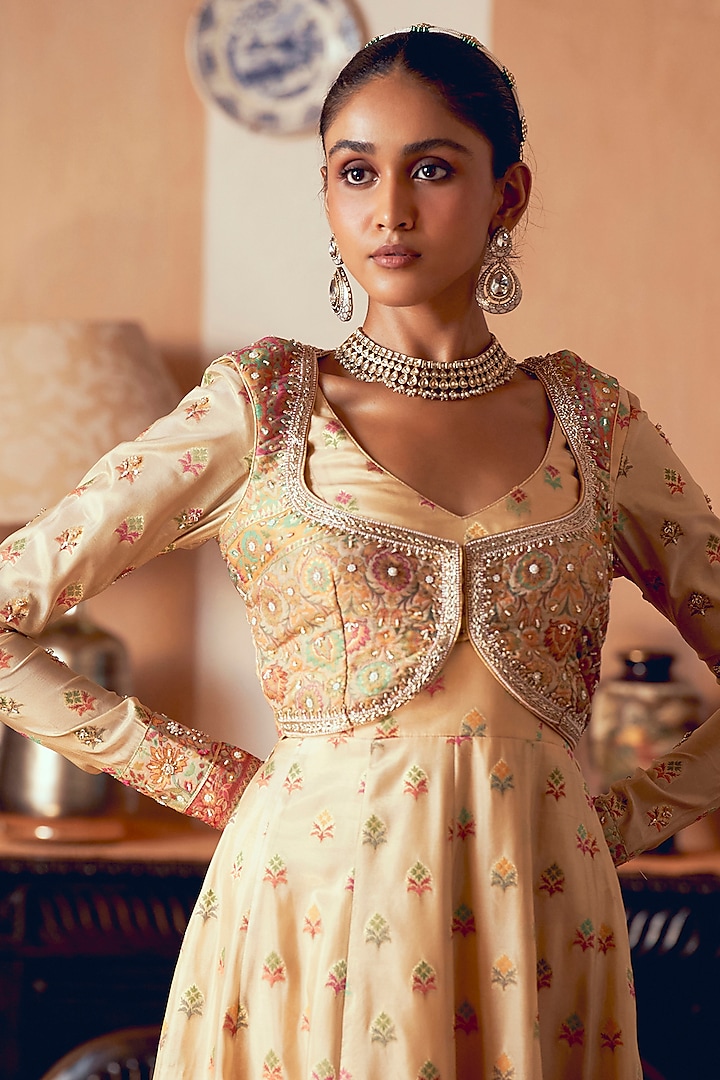 Pastel Yellow Jacquard Silk Banarasi Pearl Embroidered Wedding Anarkali Set by Aditi Gupta at Pernia's Pop Up Shop