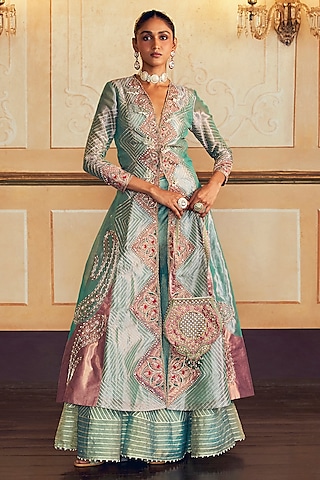 Firozi Silk Zari Tissue Pearl Work Kalidar Jacket Set by Aditi Gupta