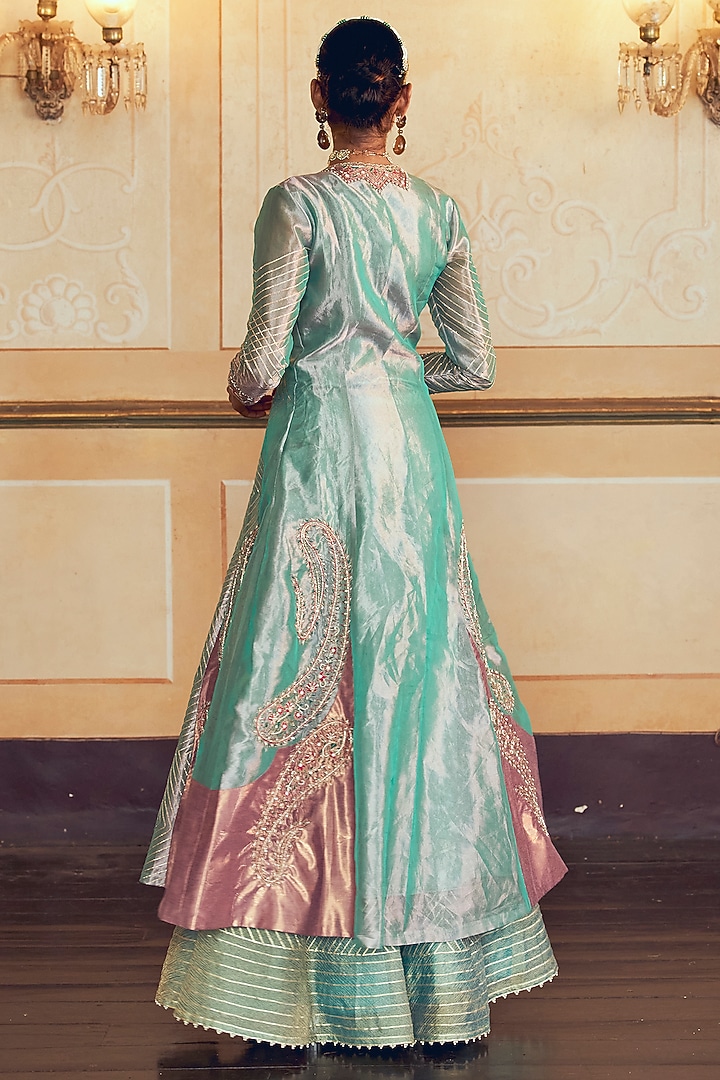 Firozi Silk Zari Tissue Pearl Work Kalidar Jacket Set by Aditi Gupta at Pernia's Pop Up Shop