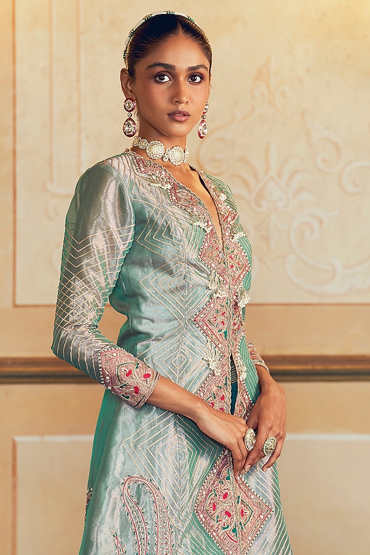 Firozi Silk Zari Tissue Pearl Work Kalidar Jacket Set by Aditi Gupta at Pernia's Pop Up Shop