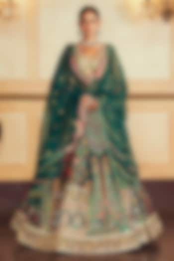 Dark Green Jacquard Silk Banarasi Gota Embroidered Kalidar Bridal Lehenga Set by Aditi Gupta at Pernia's Pop Up Shop