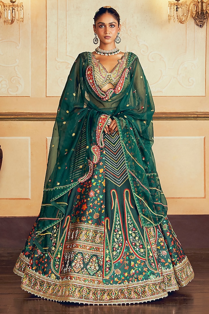 Dark Green Jacquard Silk Banarasi Gota Embroidered Kalidar Bridal Lehenga Set by Aditi Gupta at Pernia's Pop Up Shop