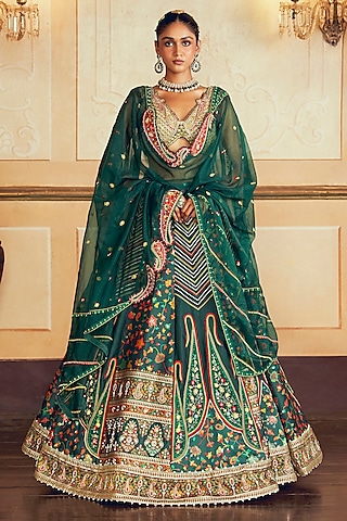 Dark Green Jacquard Silk Banarasi Gota Embroidered Kalidar Lehenga Set by Aditi Gupta