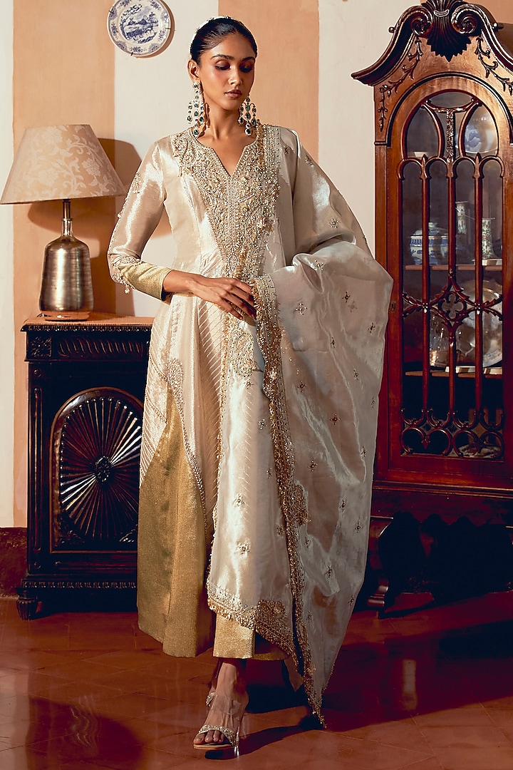 Pearl Gold Jacquard Banarasi Zardosi Work Kalidar Anarkali Set by Aditi Gupta