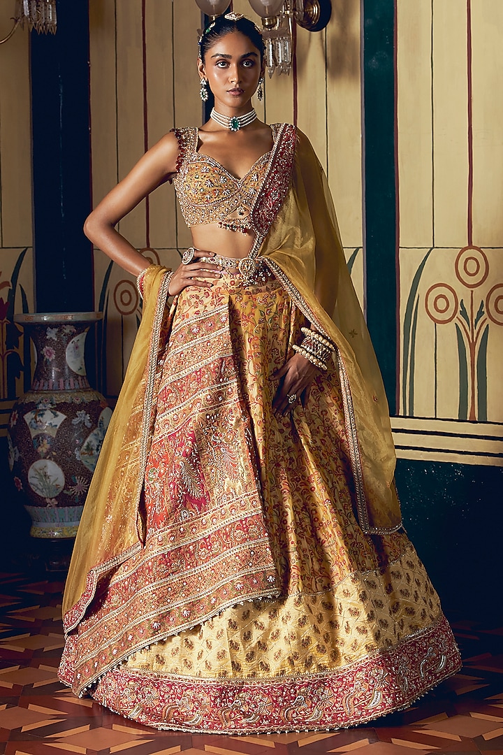 Yellow Jacquard Silk Banarasi Zardosi Work Kalidar Bridal Lehenga Set by Aditi Gupta at Pernia's Pop Up Shop