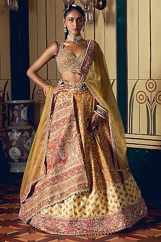 Yellow Jacquard Silk Banarasi Zardosi Work Kalidar Lehenga Set by Aditi Gupta
