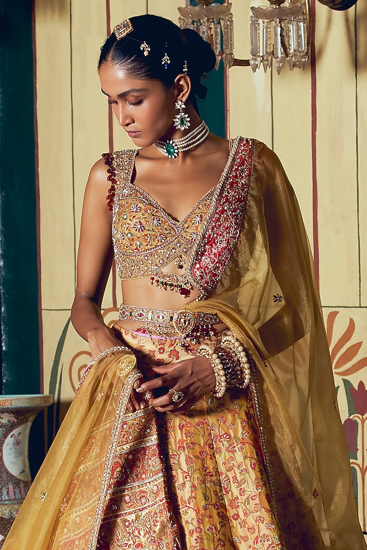 Yellow Jacquard Silk Banarasi Zardosi Work Kalidar Bridal Lehenga Set by Aditi Gupta at Pernia's Pop Up Shop