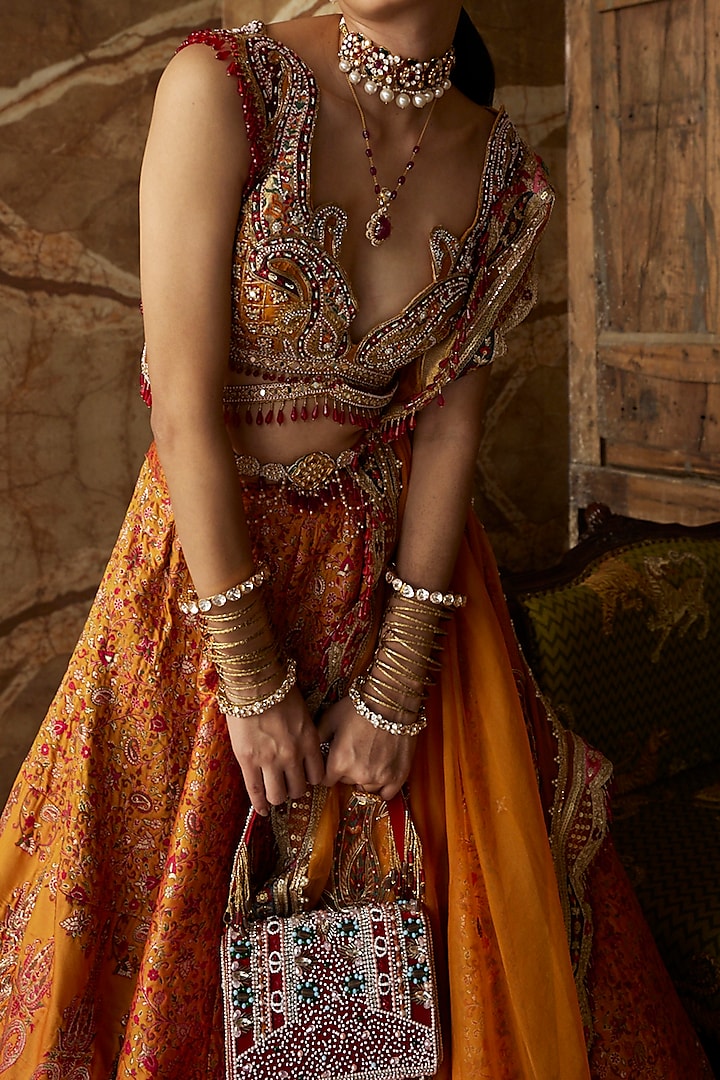 Yellow Paithani Silk Pearl Embellished Lehenga Set Design by Aditi Gupta at  Pernia's Pop Up Shop 2024