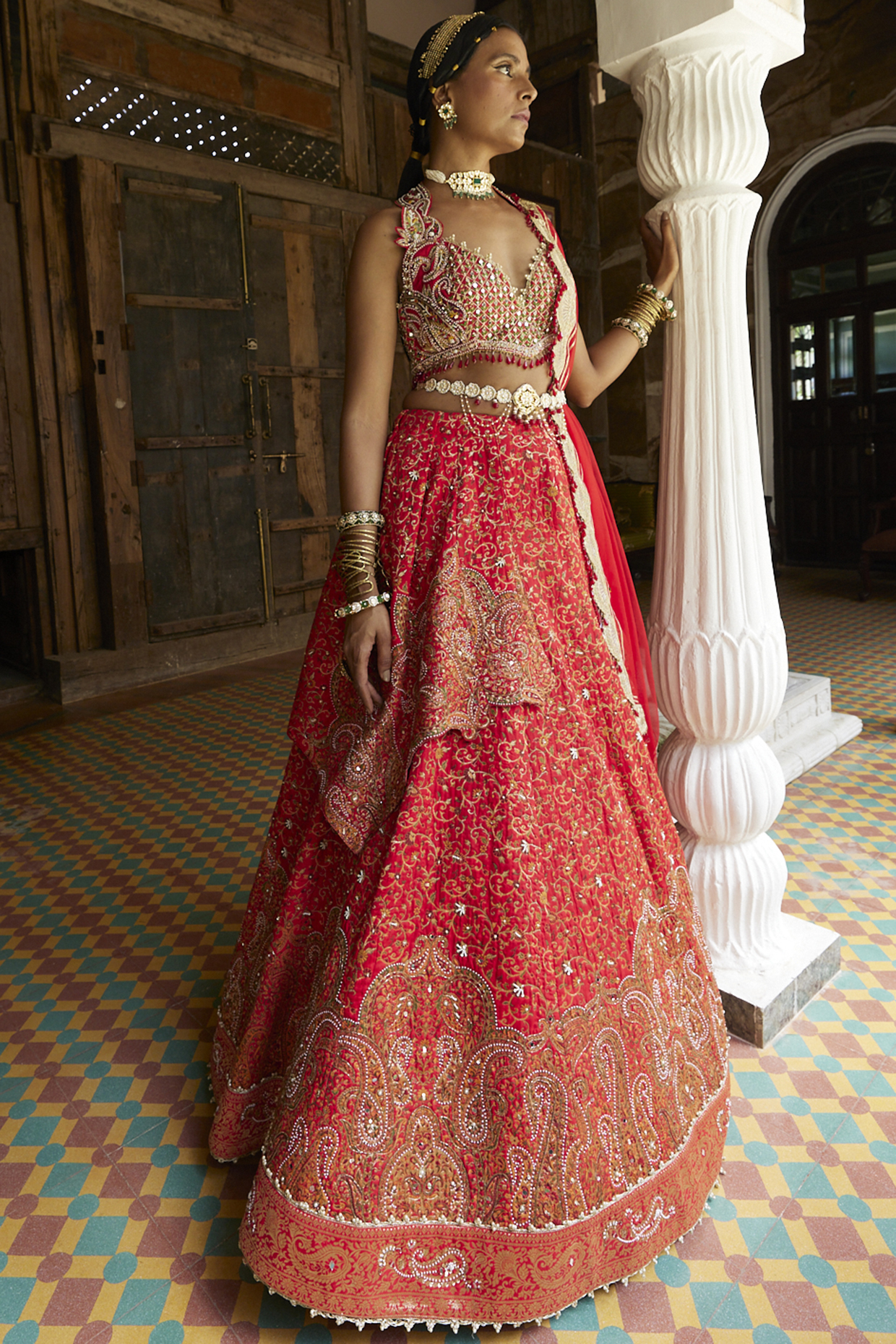 Red Hand Embroidered Lehenga Set by Aditi Gupta