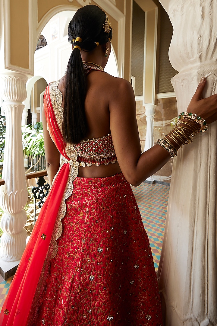 Red Hand Embroidered Wedding Lehenga Set By Aditi Gupta At Pernias Pop