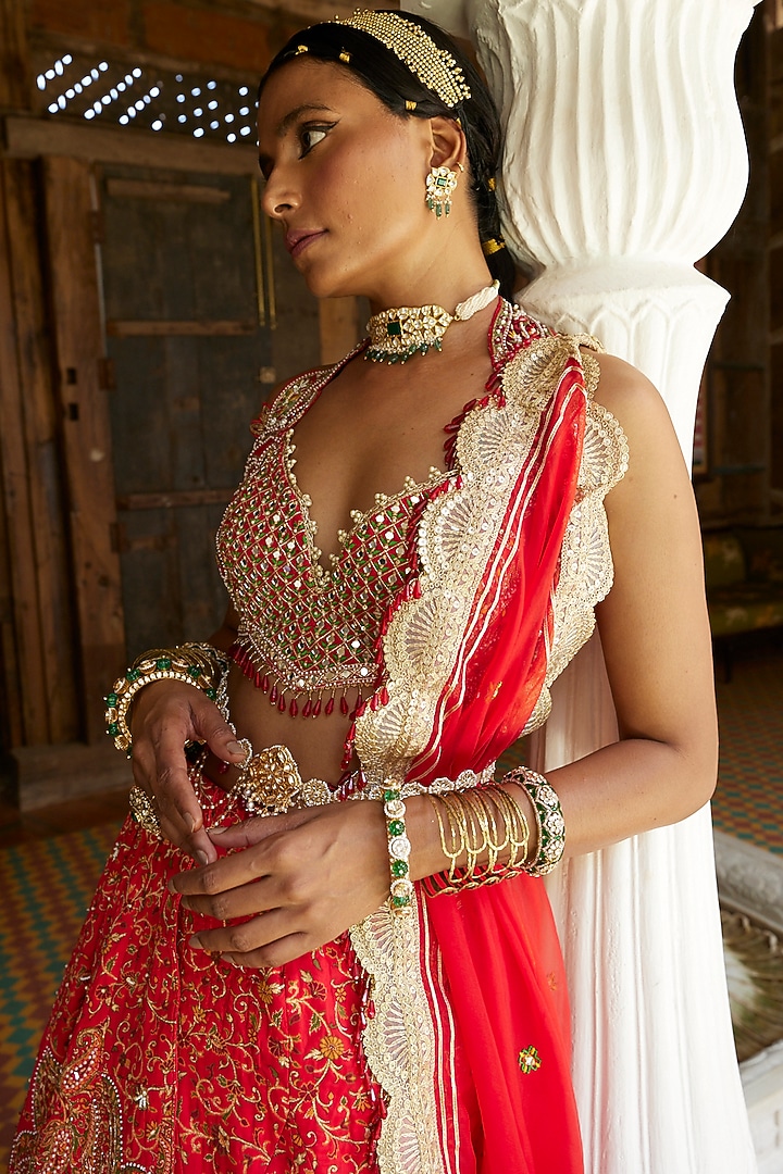 Red Hand Embroidered Bridal Lehenga Set by Aditi Gupta at Pernia's Pop Up Shop
