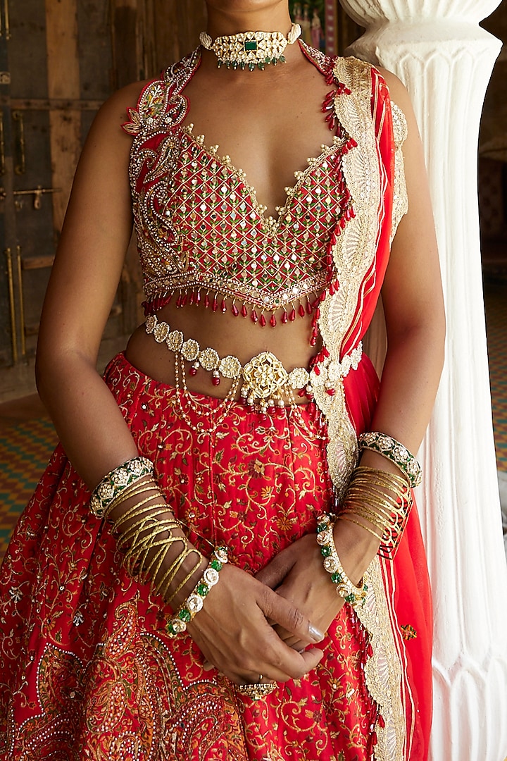 Red Hand Embroidered Wedding Lehenga Set By Aditi Gupta At Pernias Pop