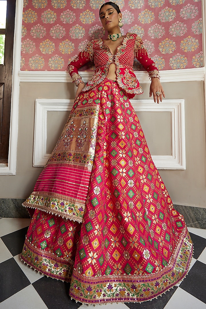 Red Embroidered And Printed Lehenga Set Design By Aditi Gupta At Pernias