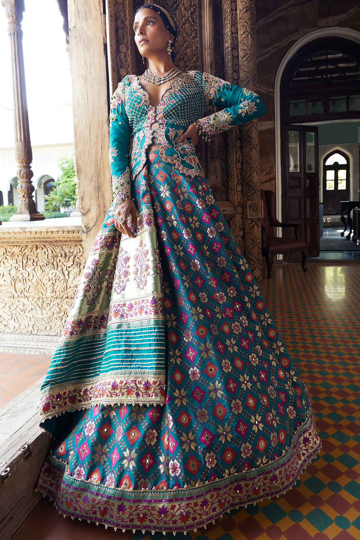 Green Embroidered & Printed Wedding Lehenga Set by Aditi Gupta at Pernia's Pop Up Shop