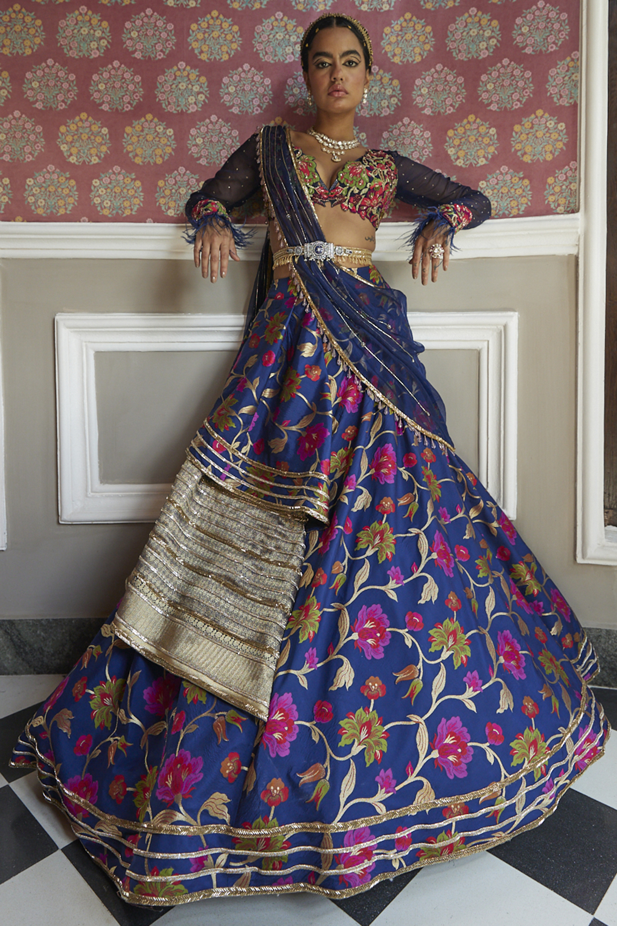 Dark Blue Printed Lehenga Set by Aditi Gupta