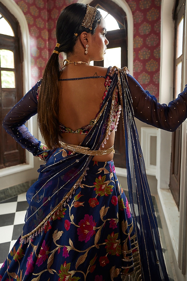 Dark Blue Printed Wedding Lehenga Set by Aditi Gupta at Pernia's Pop Up Shop
