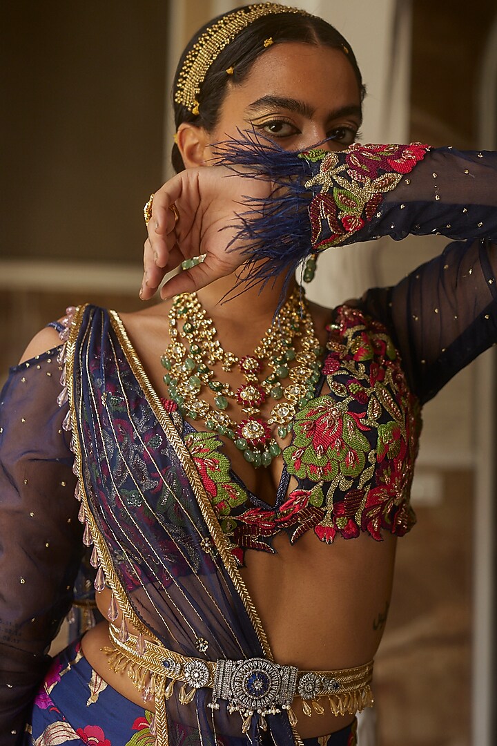 Dark Blue Printed Wedding Lehenga Set by Aditi Gupta at Pernia's Pop Up Shop