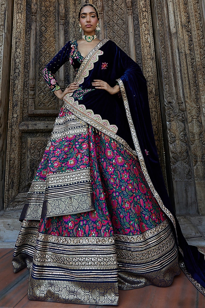 Dark Blue Silk Printed Lehenga Set Design by Aditi Gupta at Pernia's ...