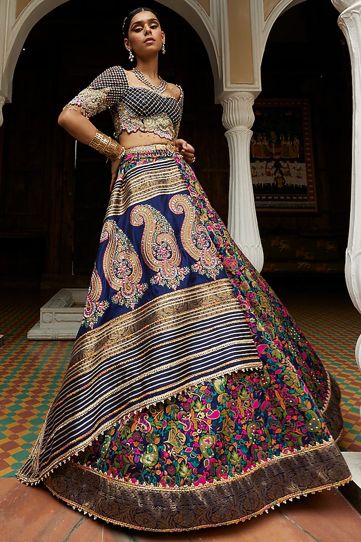 Dark Blue Floral Printed Lehenga Set Design By Aditi Gupta At Pernias