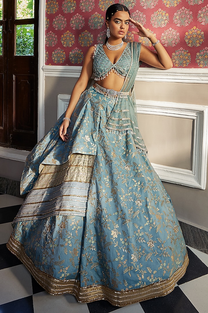 Blue & Gold Embellished Lehenga Set by Aditi Gupta