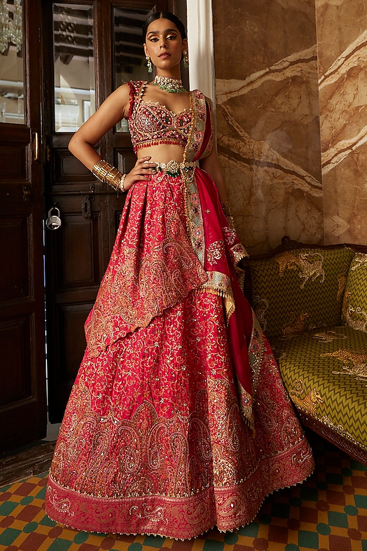 Red Embellished Lehenga Set by Aditi Gupta