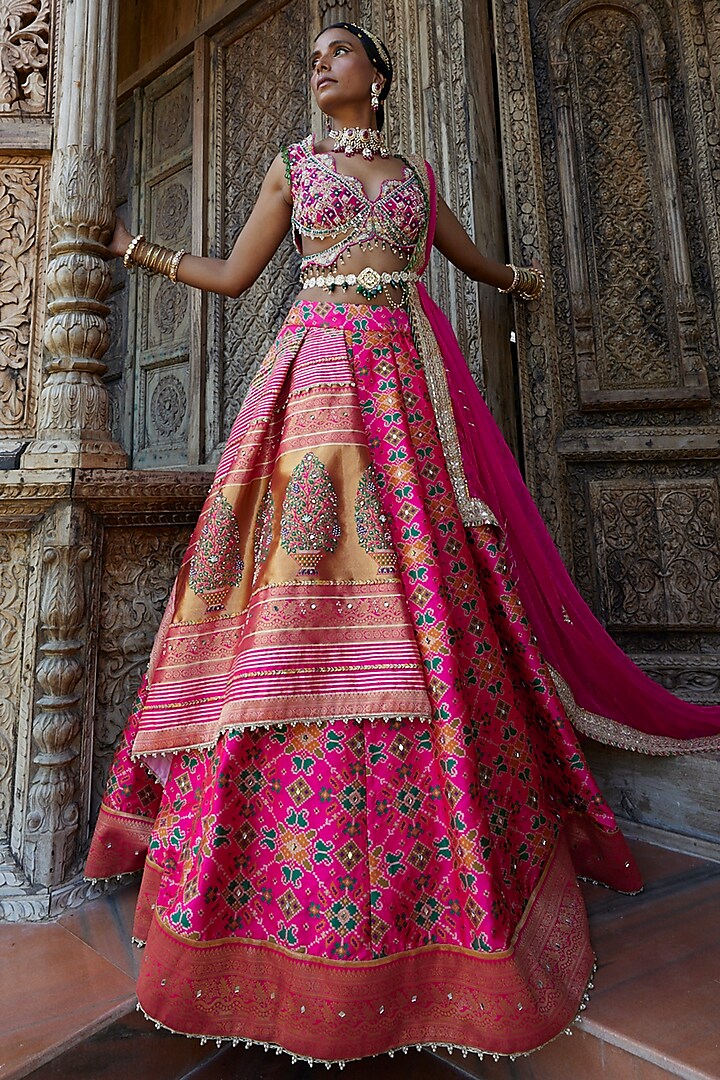 Hot Pink Printed & Embroidered Lehenga Set by Aditi Gupta