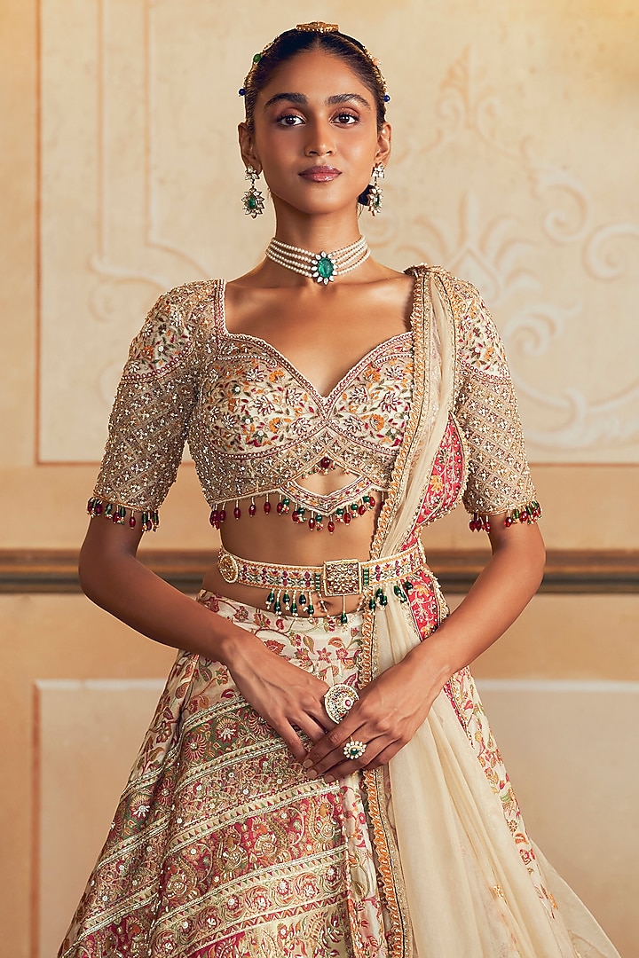 Ivory Jacquard Silk Banarasi Zardosi Work Kalidar Bridal Lehenga Set by Aditi Gupta at Pernia's Pop Up Shop
