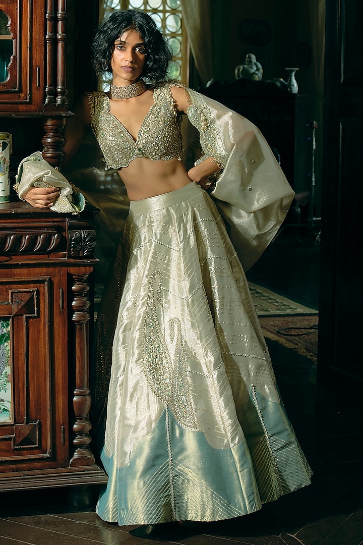 Pearl Gold Silk Zari Tissue Paisley Embroidered Kalidar Wedding Lehenga Set by Aditi Gupta at Pernia's Pop Up Shop