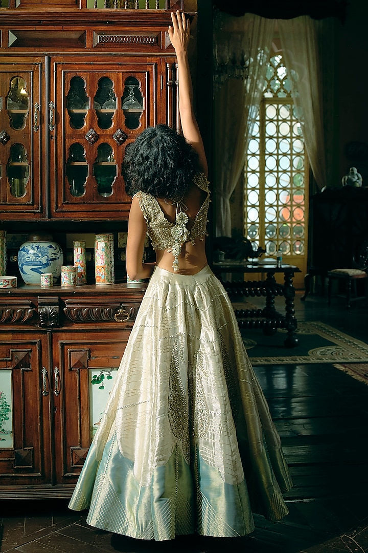 Pearl Gold Silk Zari Tissue Paisley Embroidered Kalidar Wedding Lehenga Set by Aditi Gupta at Pernia's Pop Up Shop