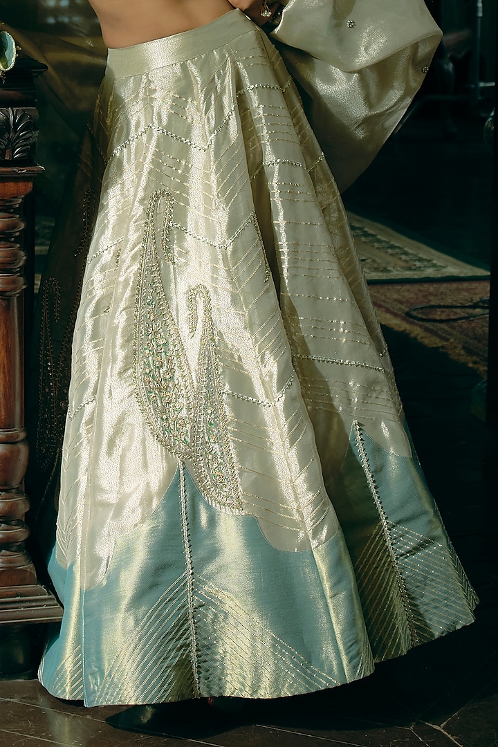 Pearl Gold Silk Zari Tissue Paisley Embroidered Kalidar Wedding Lehenga Set by Aditi Gupta at Pernia's Pop Up Shop