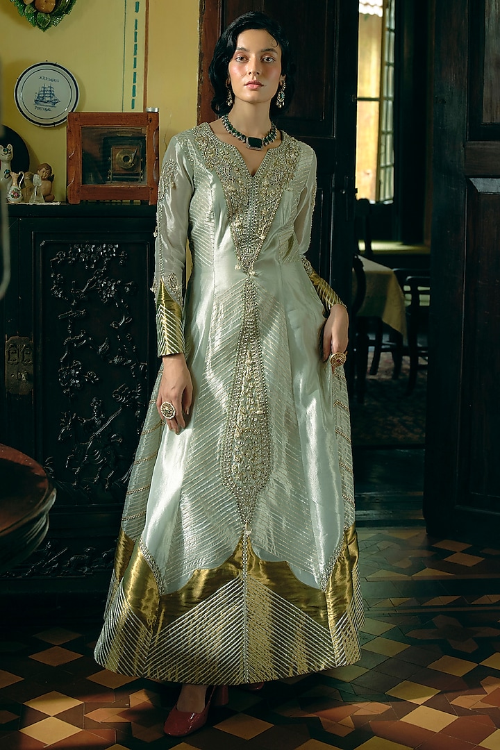 Pearl Gold Silk Zari Tissue Paisley Embroidered Kalidar Anarkali Set by Aditi Gupta at Pernia's Pop Up Shop