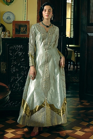 Pearl Gold Silk Zari Tissue Paisley Embroidered Kalidar Anarkali Set by Aditi Gupta
