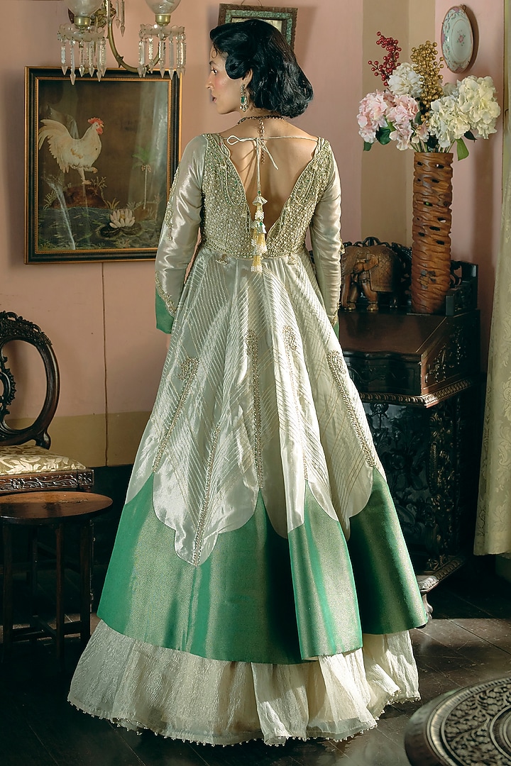 Pearl Gold Silk Zari Tissue Paisley Embroidered Kalidar Jacket Set by Aditi Gupta at Pernia's Pop Up Shop