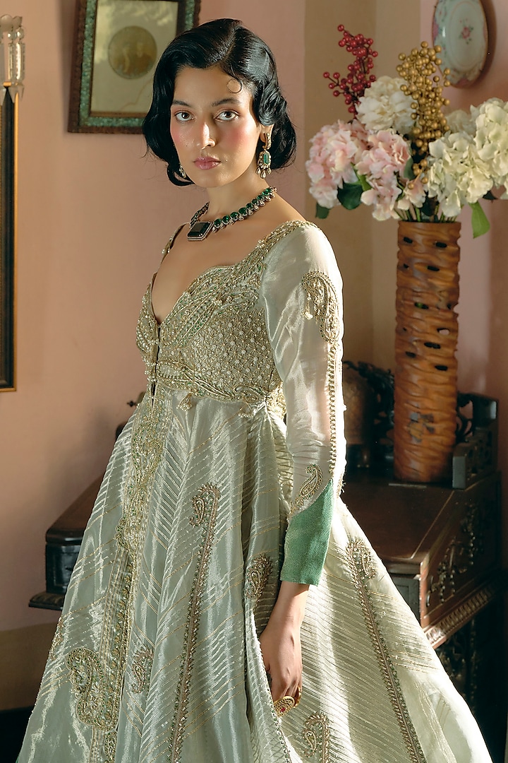 Pearl Gold Silk Zari Tissue Paisley Embroidered Kalidar Jacket Set by Aditi Gupta at Pernia's Pop Up Shop