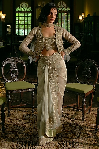 Pearl Gold Silk Zari Tissue Pearl Embroidered Draped Skirt Set by Aditi Gupta