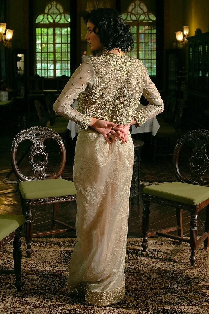 Pearl Gold Silk Zari Tissue Pearl Embroidered Draped Skirt Set by Aditi Gupta at Pernia's Pop Up Shop