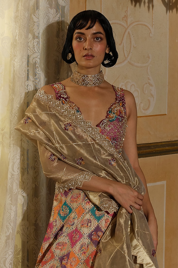 Ivory Jacquard Silk Banarasi Pearl & Floral Embroidered Kalidar Bridal Lehenga Set by Aditi Gupta at Pernia's Pop Up Shop
