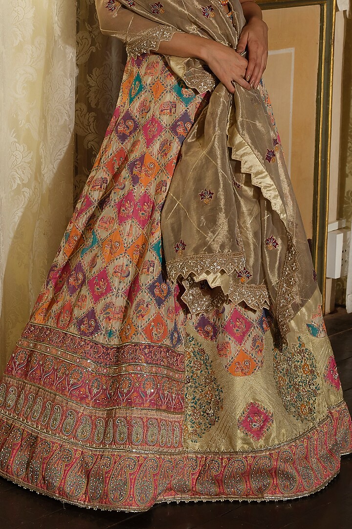 Ivory Jacquard Silk Banarasi Pearl & Floral Embroidered Kalidar Bridal Lehenga Set by Aditi Gupta at Pernia's Pop Up Shop