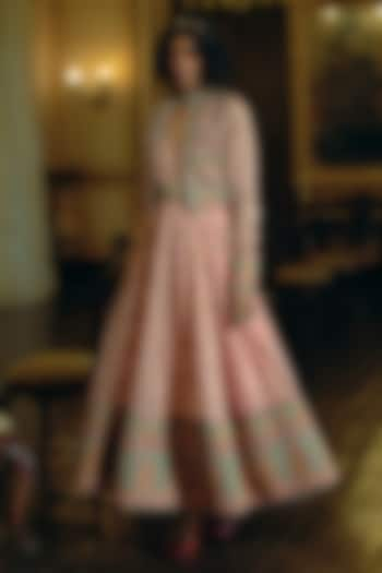 Pastel Pink Jacquard Silk Banarasi Pearl Embroidered Kalidar Anarkali Set by Aditi Gupta at Pernia's Pop Up Shop