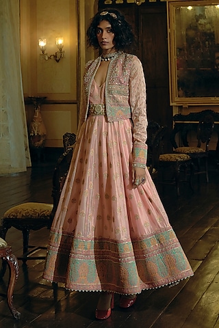 Pastel Pink Jacquard Silk Banarasi Pearl Embroidered Kalidar Anarkali Set by Aditi Gupta
