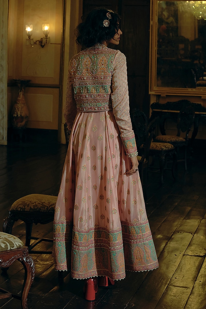 Pastel Pink Jacquard Silk Banarasi Pearl Embroidered Kalidar Wedding Anarkali Set by Aditi Gupta at Pernia's Pop Up Shop