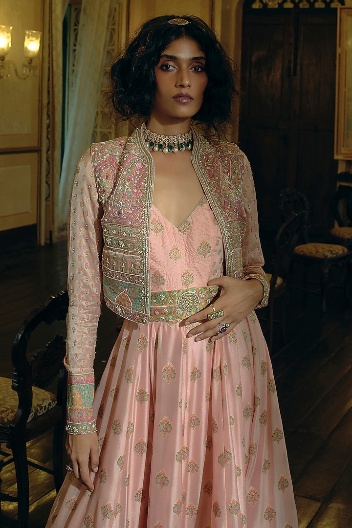 Pastel Pink Jacquard Silk Banarasi Pearl Embroidered Kalidar Wedding Anarkali Set by Aditi Gupta at Pernia's Pop Up Shop