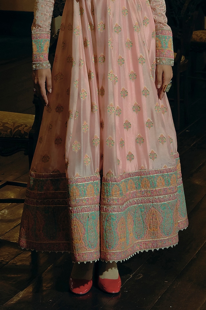 Pastel Pink Jacquard Silk Banarasi Pearl Embroidered Kalidar Wedding Anarkali Set by Aditi Gupta at Pernia's Pop Up Shop