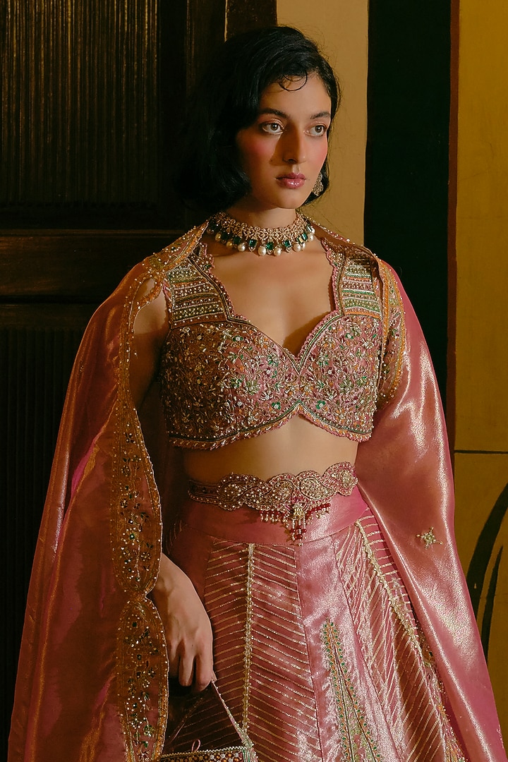 Pink Silk Zari Tissue Zardosi Embroidered Kalidar Bridal Lehenga Set by Aditi Gupta at Pernia's Pop Up Shop
