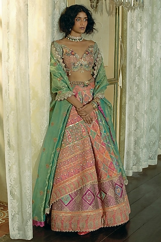 Coral & Firozi Jacquard Silk Banarasi Dabka Embroidered Kalidar Lehenga Set by Aditi Gupta