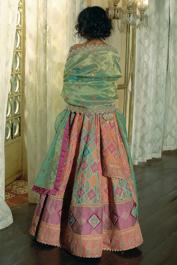 Coral & Firozi Jacquard Silk Banarasi Dabka Embroidered Kalidar Bridal Lehenga Set by Aditi Gupta at Pernia's Pop Up Shop